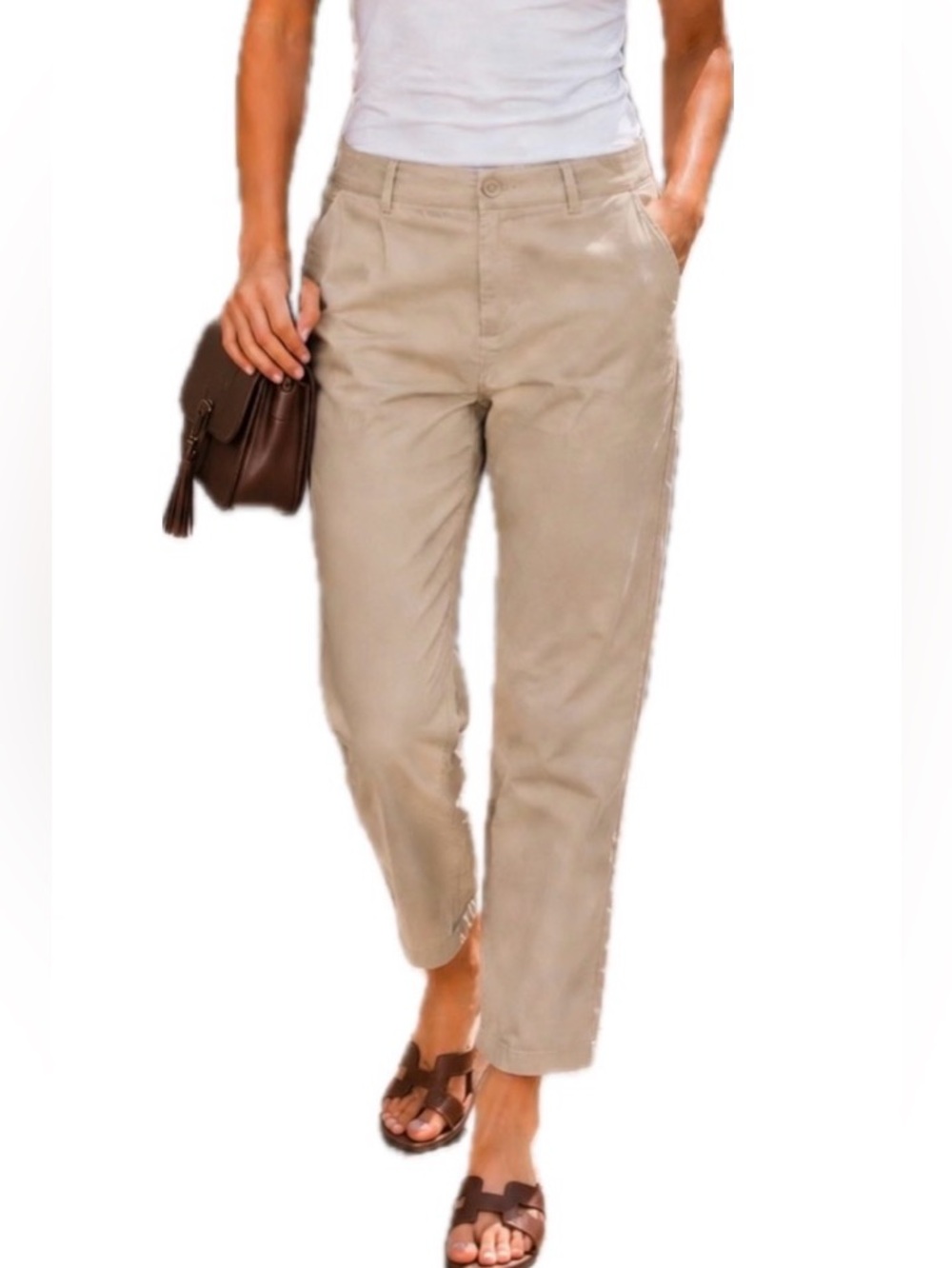 Women's Beige Satin Polyester Chino Pants Straight Leg Mid Rise Pockets 32